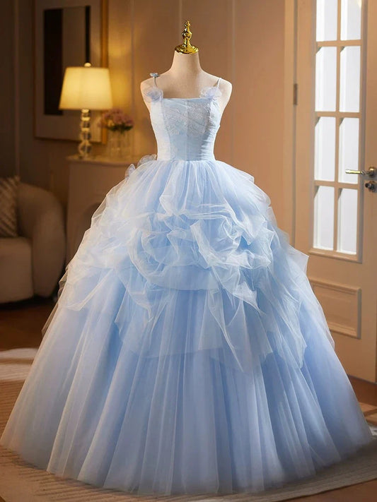 Blue A-Line Spaghetti Strap Tulle Lace Long Prom Dress, Blue Long Sweet 16 Dress ED01286
