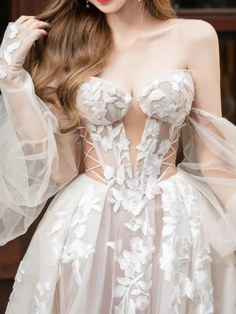 Champagne lace tulle long prom dress,  Champagne wedding dress ED01289