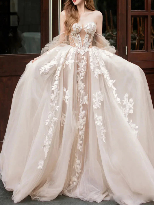 Champagne lace tulle long prom dress,  Champagne wedding dress ED01289