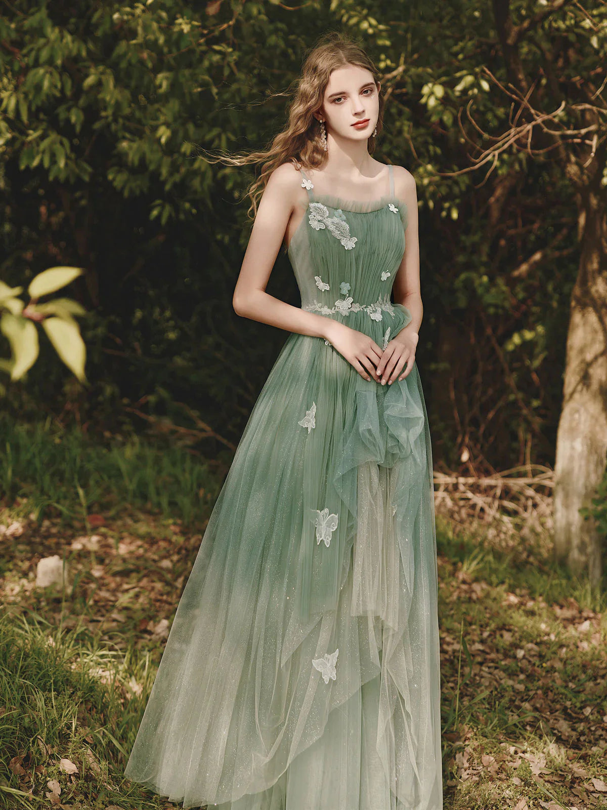 Green A-Line Spaghetti Strap Tulle Lace Long Prom Dress ,Formal Evening Dress ED01291