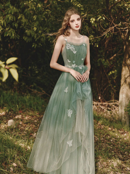 Green A-Line Spaghetti Strap Tulle Lace Long Prom Dress ,Formal Evening Dress ED01291