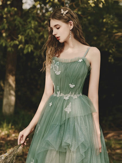 Green A-Line Spaghetti Strap Tulle Lace Long Prom Dress ,Formal Evening Dress ED01291