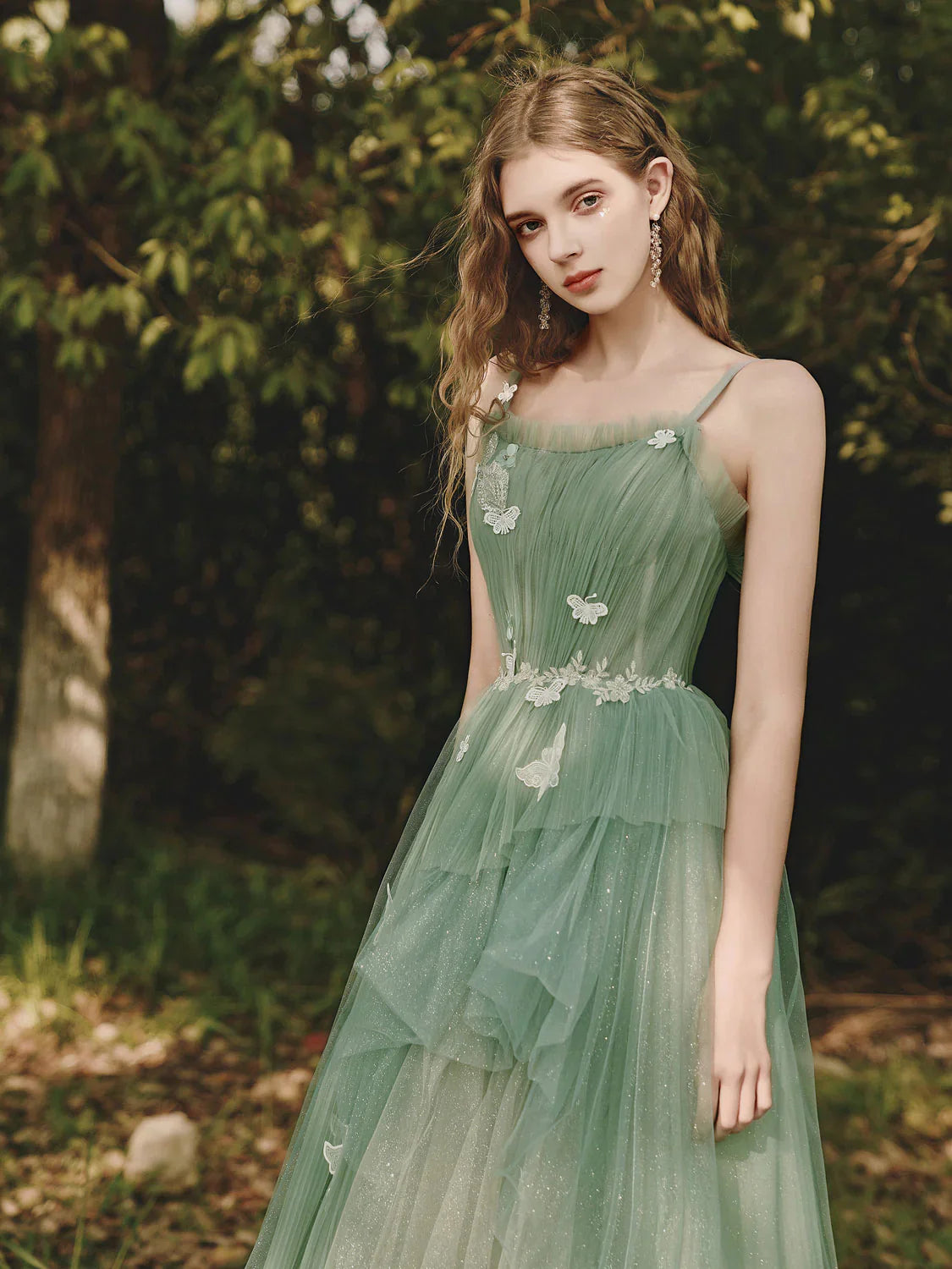 Green A-Line Spaghetti Strap Tulle Lace Long Prom Dress ,Formal Evening Dress ED01291