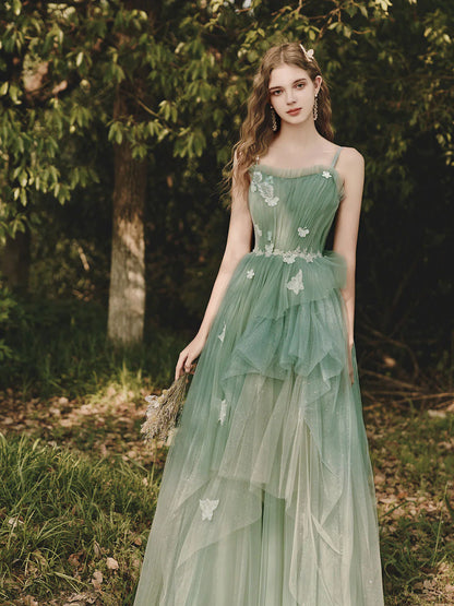 Green A-Line Spaghetti Strap Tulle Lace Long Prom Dress ,Formal Evening Dress ED01291