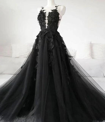 Black A-Line Tulle Lace Appliques Sleeveless,Backless Train Wedding Dresses ED01292