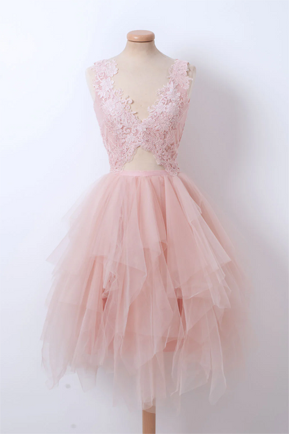Prom Dresses,pink V Neck Tulle Lace Short Prom Dress, Pink Homecoming Dress ED01302