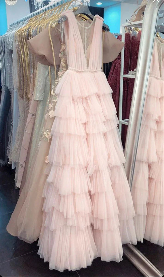 Light Brush Pink V-Neck Ruffles Prom Dress ED01303
