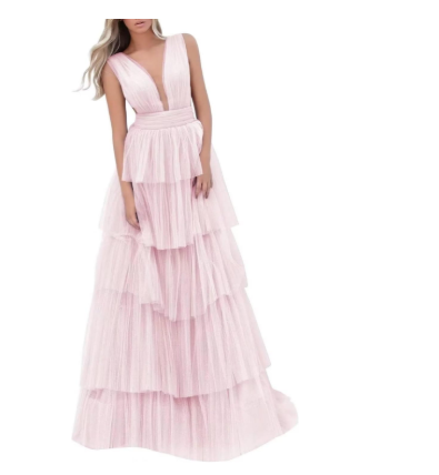Light Brush Pink V-Neck Ruffles Prom Dress ED01303