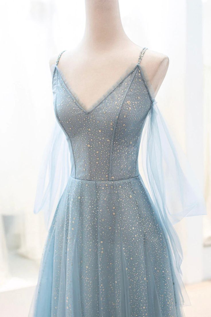 Dusty Blue Sparkly Tulle Long Prom Dress, A-Line Spaghetti Strap Evening Dress ED01304