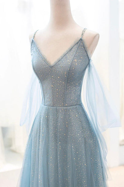 Dusty Blue Sparkly Tulle Long Prom Dress, A-Line Spaghetti Strap Evening Dress ED01304