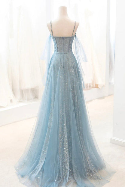 Dusty Blue Sparkly Tulle Long Prom Dress, A-Line Spaghetti Strap Evening Dress ED01304