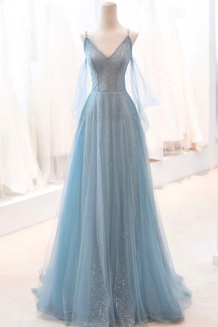 Dusty Blue Sparkly Tulle Long Prom Dress, A-Line Spaghetti Strap Evening Dress ED01304