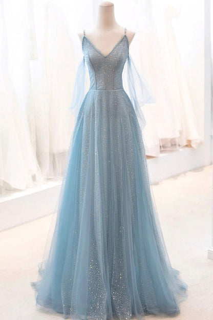 Dusty Blue Sparkly Tulle Long Prom Dress, A-Line Spaghetti Strap Evening Dress ED01304
