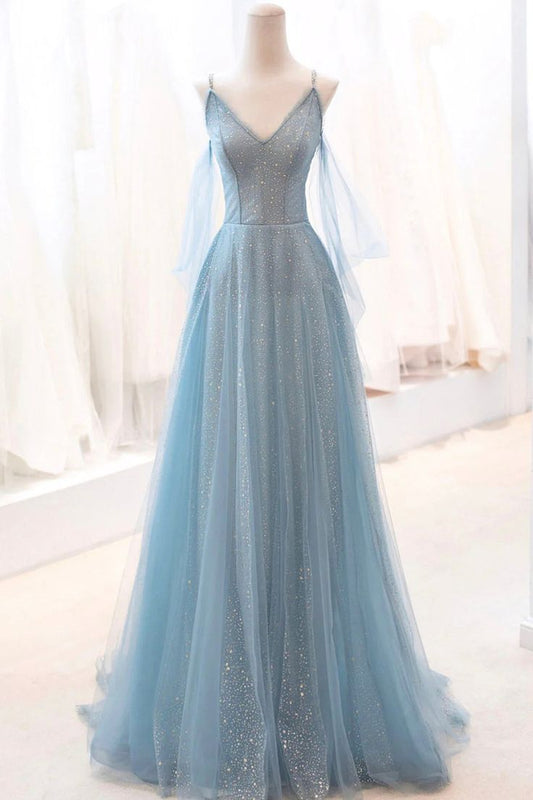 Dusty Blue Sparkly Tulle Long Prom Dress, A-Line Spaghetti Strap Evening Dress ED01304