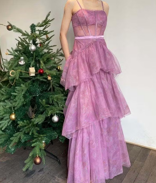 Purple Printed A Line Spaghetti Strap Corset Prom Dress ED01305