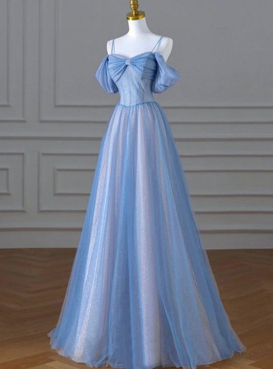Blue A-Line Tulle Sequins Pearls Spaghetti Straps Prom Dress,Blue Formal Prom Dress ED01307