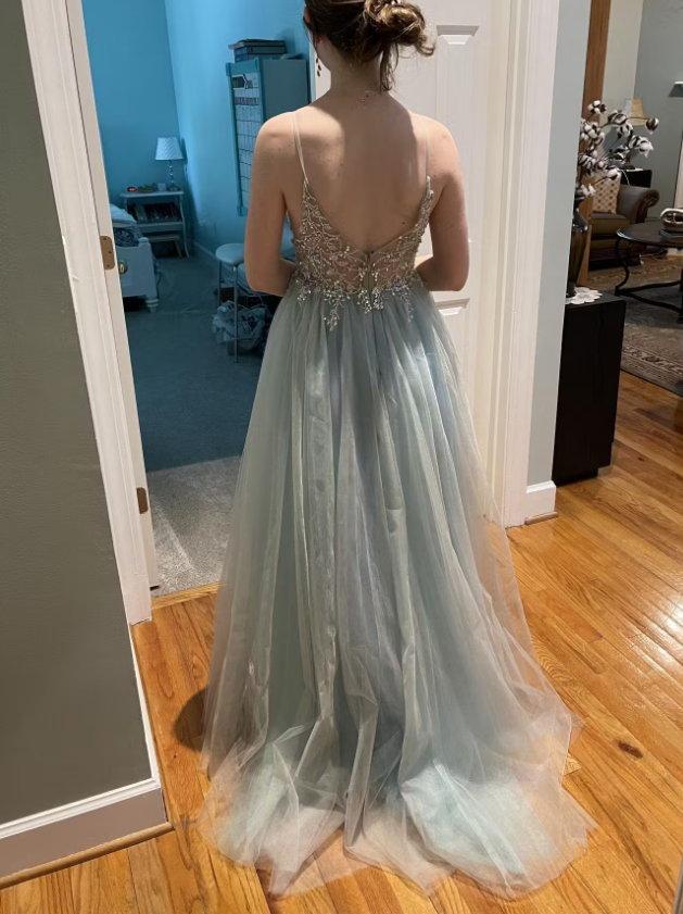 Light Blue Beaded Tulle Spaghetti Straps Prom Dress ED01309
