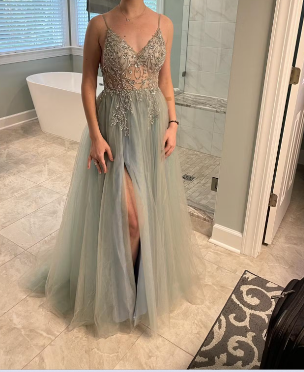 Light Blue Beaded Tulle Spaghetti Straps Prom Dress ED01309