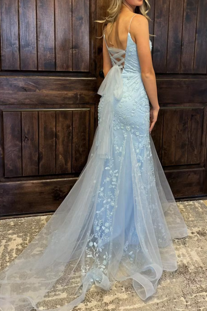 Spaghetti Straps Mermiad Blue Beaded Tulle Sequin Prom Dress with Appliques ED01310