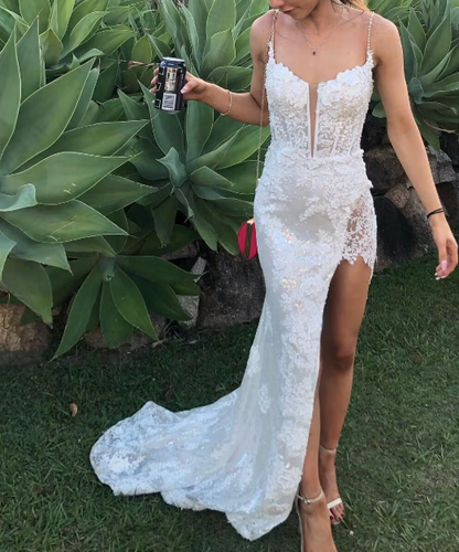 Mermaid Spaghetti Straps Appliques Prom Dress with Slit ED01311