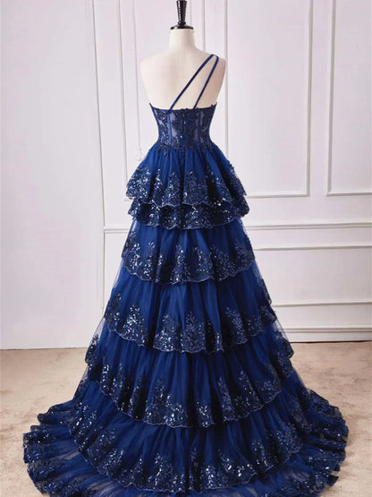 One Shoulder Dark Navy Blue Long Lace Prom Dresses, One Shoulder Dark Navy Blue Lace Formal Dresses ED01312