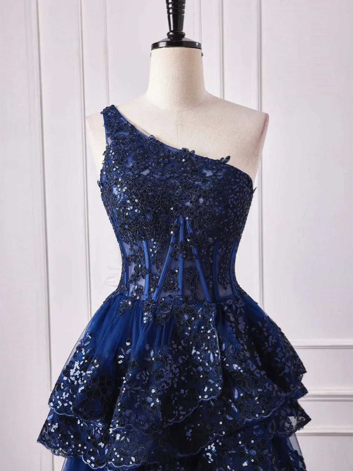 One Shoulder Dark Navy Blue Long Lace Prom Dresses, One Shoulder Dark Navy Blue Lace Formal Dresses ED01312