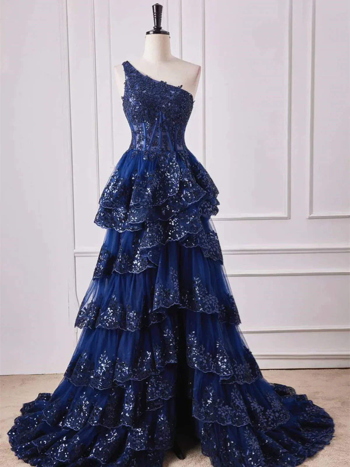 One Shoulder Dark Navy Blue Long Lace Prom Dresses, One Shoulder Dark Navy Blue Lace Formal Dresses ED01312
