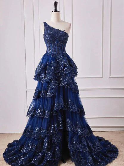 One Shoulder Dark Navy Blue Long Lace Prom Dresses, One Shoulder Dark Navy Blue Lace Formal Dresses ED01312