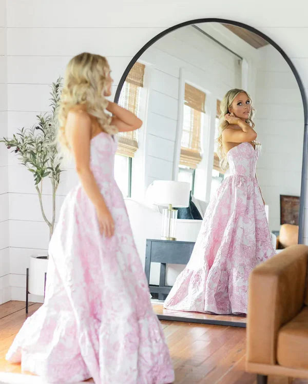 Pink Sweet Heart Neck Beautiful Floral Long Satin Ball Gown Evening Dress Party Dress gh3298