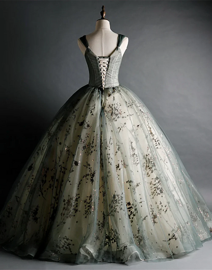 Dusty Green Sweetheart Ball Gown Beaded Tulle Formal Dress, Ball Gown Sweet 16 Dresses ED01314