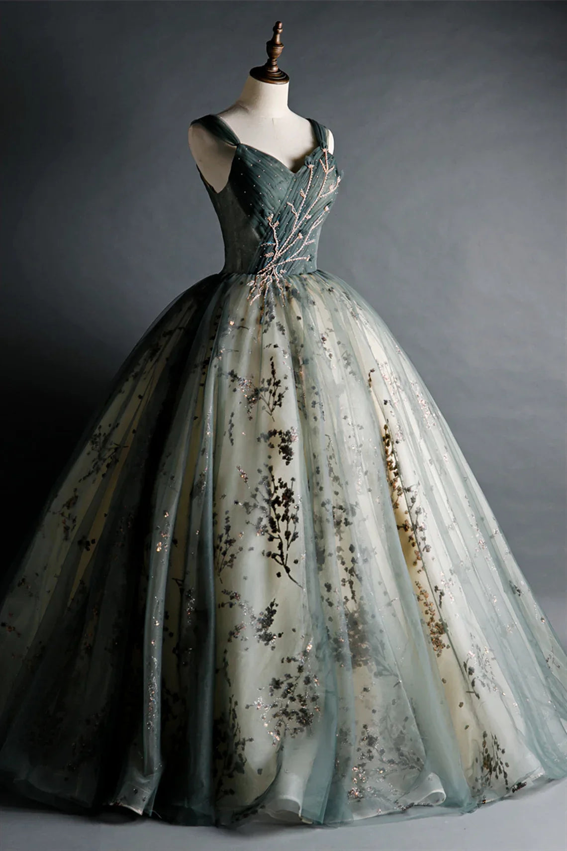 Dusty Green Sweetheart Ball Gown Beaded Tulle Formal Dress, Ball Gown Sweet 16 Dresses ED01314