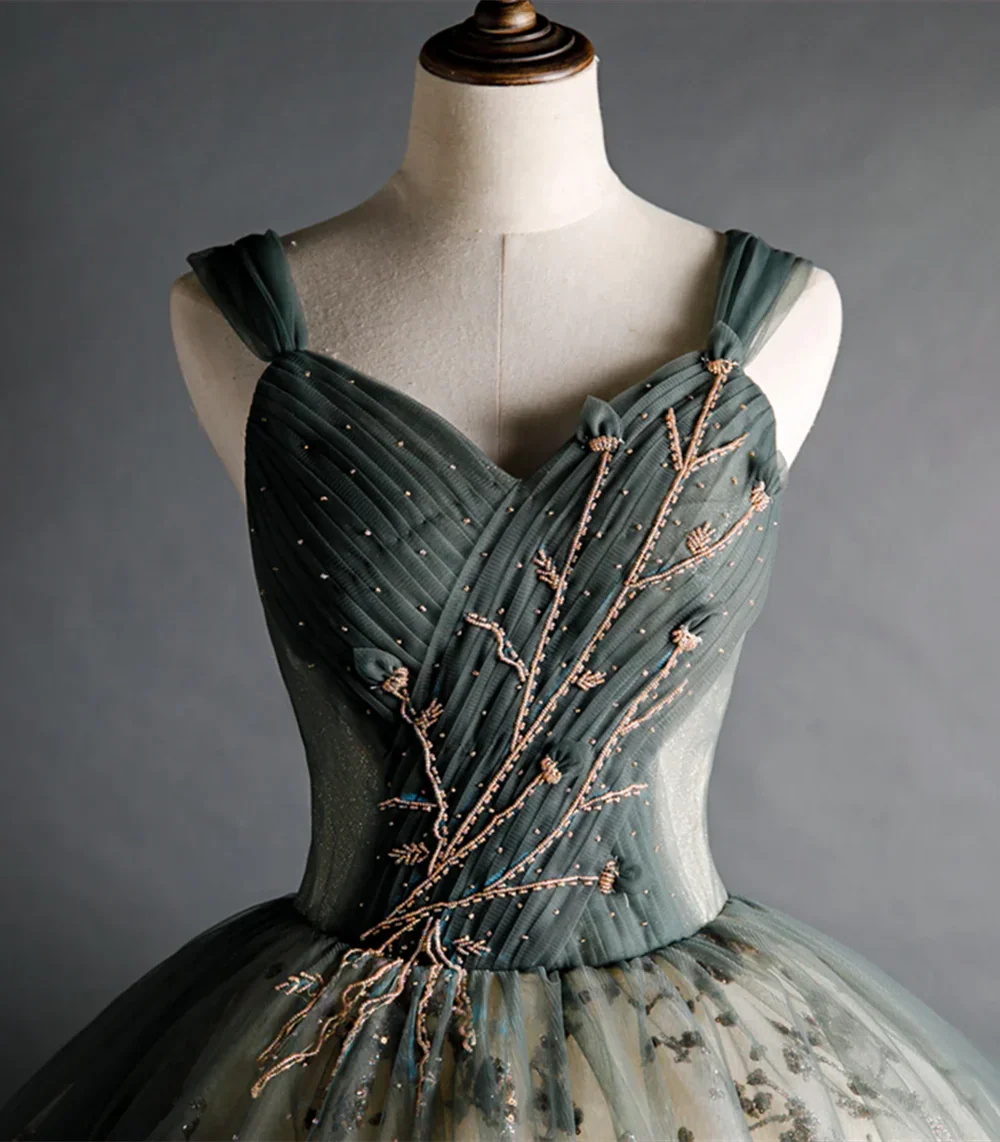 Dusty Green Sweetheart Ball Gown Beaded Tulle Formal Dress, Ball Gown Sweet 16 Dresses ED01314