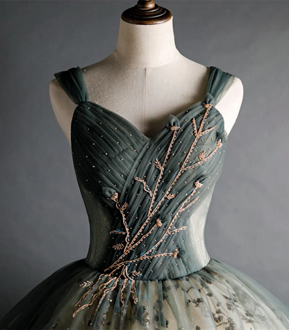 Dusty Green Sweetheart Ball Gown Beaded Tulle Formal Dress, Ball Gown Sweet 16 Dresses ED01314
