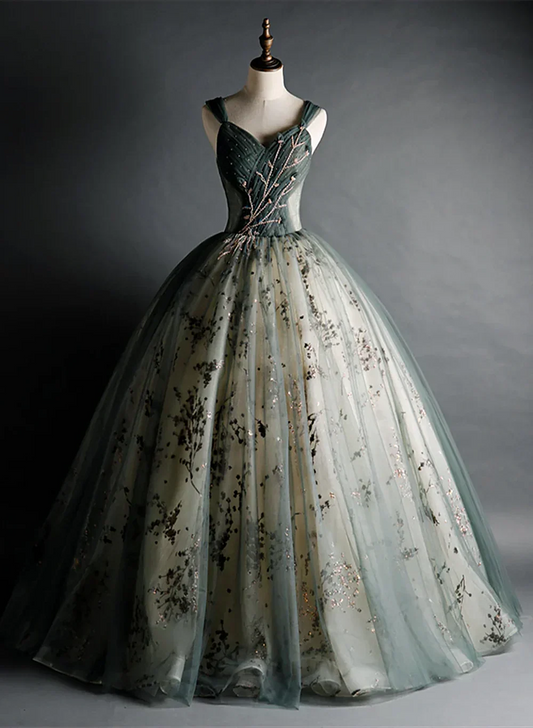 Dusty Green Sweetheart Ball Gown Beaded Tulle Formal Dress, Ball Gown Sweet 16 Dresses ED01314