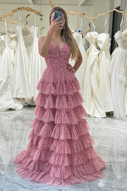 Pink A Line Spaghetti Straps Printed Tulle Prom Dress with Ruffles ED01315
