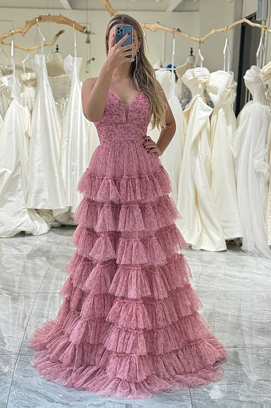Pink A Line Spaghetti Straps Printed Tulle Prom Dress with Ruffles ED01315
