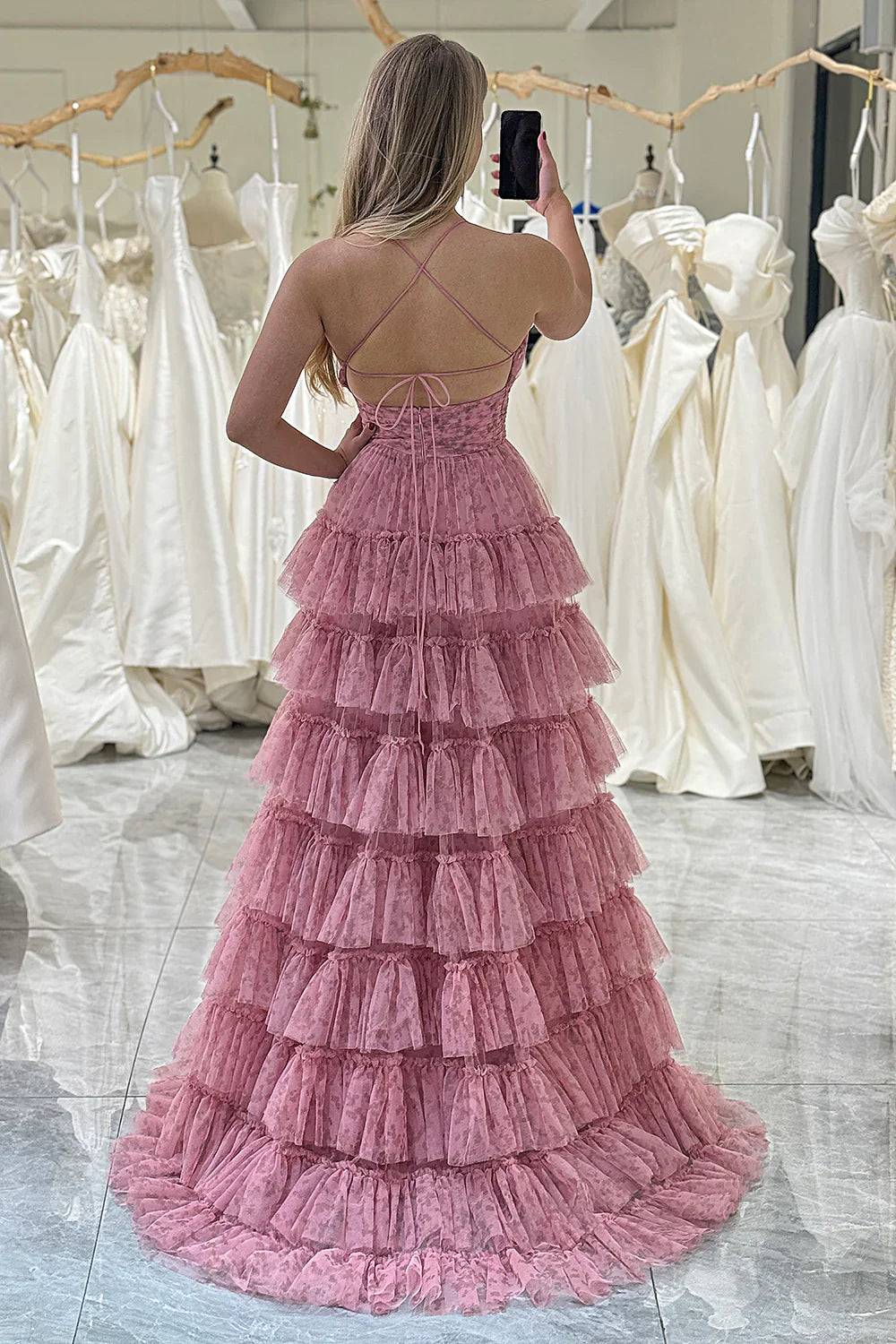 Pink A Line Spaghetti Straps Printed Tulle Prom Dress with Ruffles ED01315