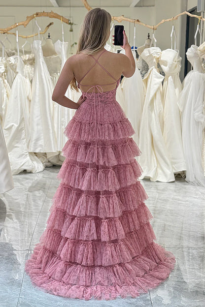 Pink A Line Spaghetti Straps Printed Tulle Prom Dress with Ruffles ED01315
