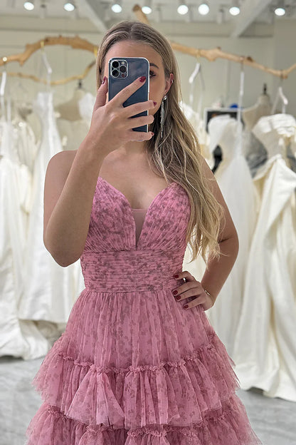 Pink A Line Spaghetti Straps Printed Tulle Prom Dress with Ruffles ED01315