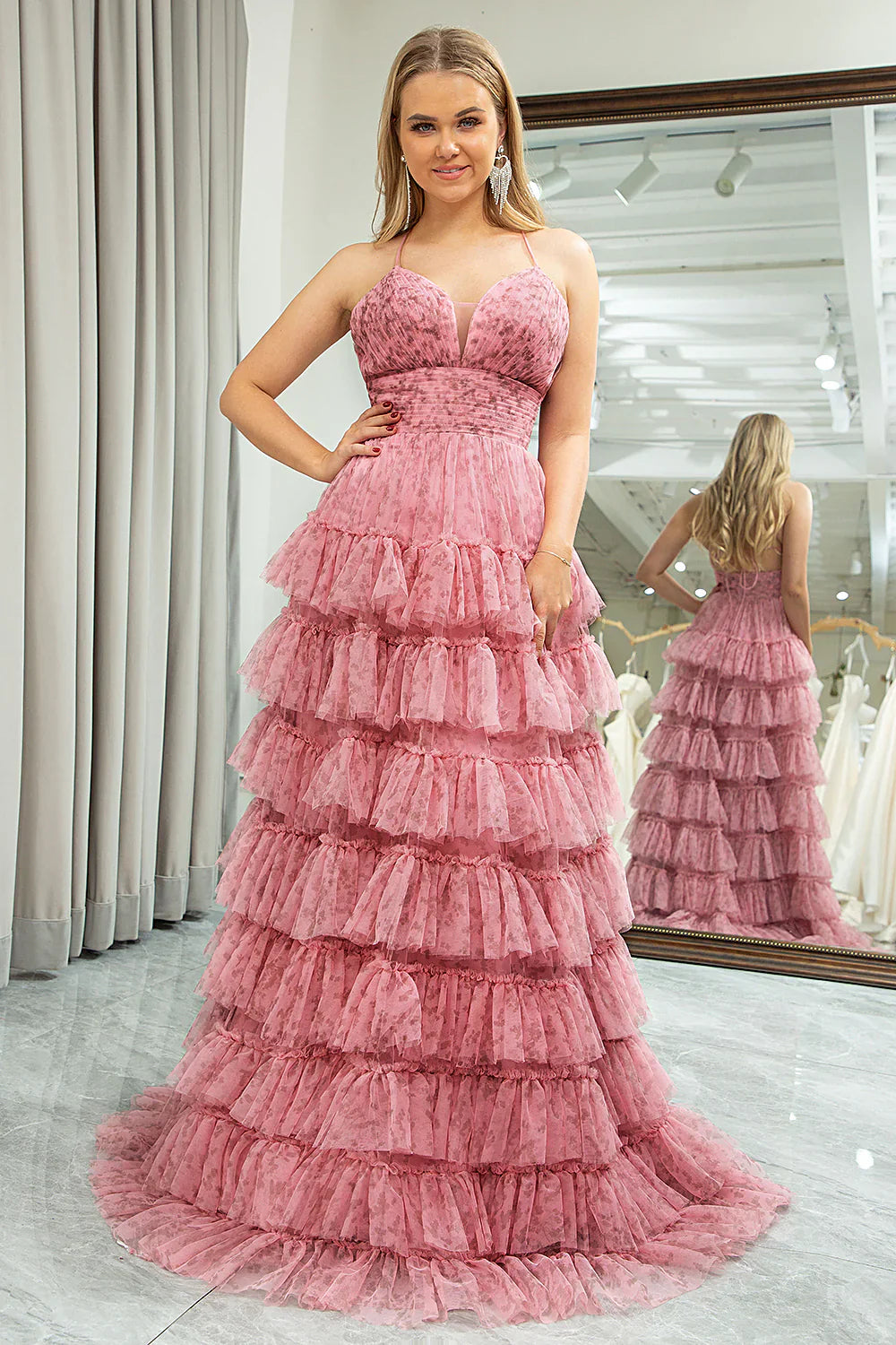 Pink A Line Spaghetti Straps Printed Tulle Prom Dress with Ruffles ED01315