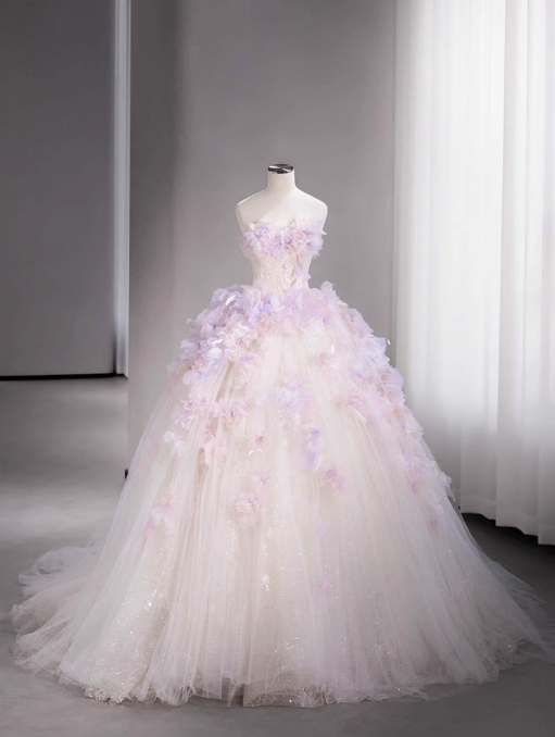 A-Line Tulle Sequin Long Prom Dress, Strapless Pink And Purple Three-Dimensional Flower Wedding Dress ED01316