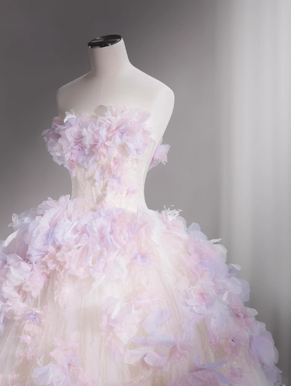 A-Line Tulle Sequin Long Prom Dress, Strapless Pink And Purple Three-Dimensional Flower Wedding Dress ED01316