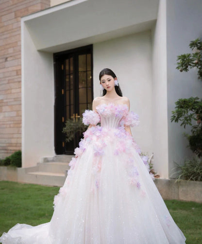 A-Line Tulle Sequin Long Prom Dress, Strapless Pink And Purple Three-Dimensional Flower Wedding Dress ED01316