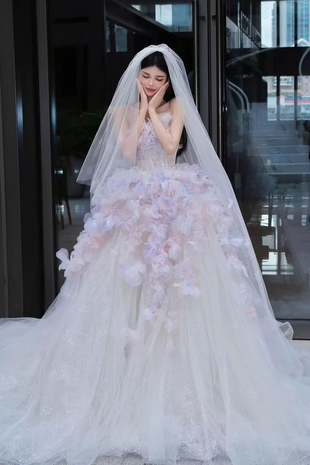 A-Line Tulle Sequin Long Prom Dress, Strapless Pink And Purple Three-Dimensional Flower Wedding Dress ED01316