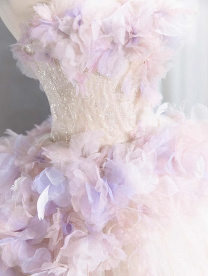 A-Line Tulle Sequin Long Prom Dress, Strapless Pink And Purple Three-Dimensional Flower Wedding Dress ED01316