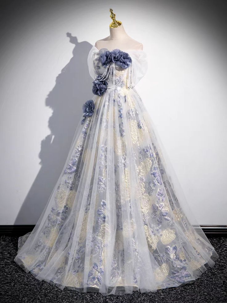A-line off-shoulder tulle three-dimensional floral long prom dress, dark purple evening dress ED01320