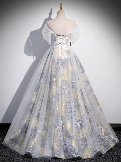 A-line off-shoulder tulle three-dimensional floral long prom dress, dark purple evening dress ED01320