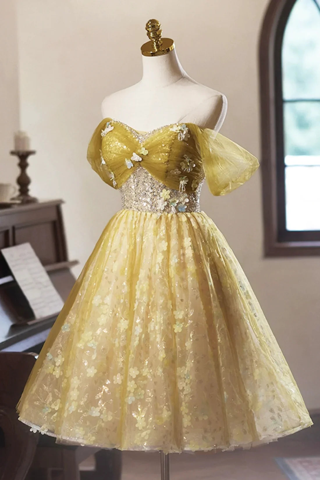 Yellow Floral Tulle Knee Length Prom Dress,  A-Line Off the Shoulder Homecoming Dress ED01324