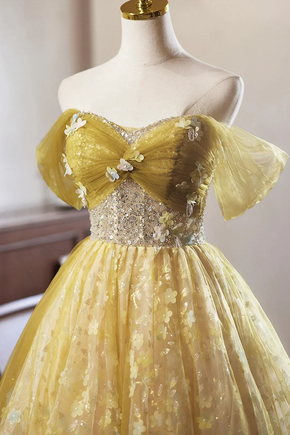 Yellow Floral Tulle Knee Length Prom Dress,  A-Line Off the Shoulder Homecoming Dress ED01324