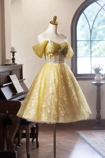 Yellow Floral Tulle Knee Length Prom Dress,  A-Line Off the Shoulder Homecoming Dress ED01324